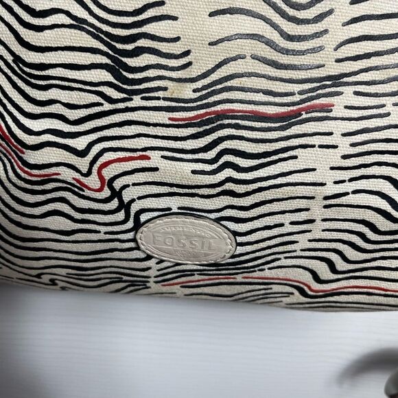 Fossil Morgan Messenger bag canvas beige,red &black stripes beige leather trims - Picture 2 of 15